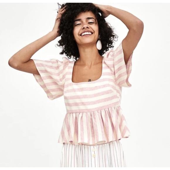 Zara TRF Collection Striped Linen Peplum Top - Picture 1 of 6